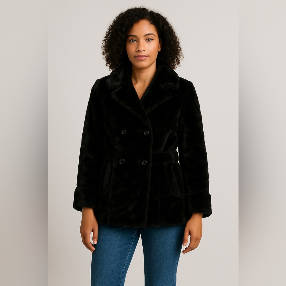 Vintage Black Faux Fur Penny Lane Style Pea Coat Mackintosh Union Tag Size 8